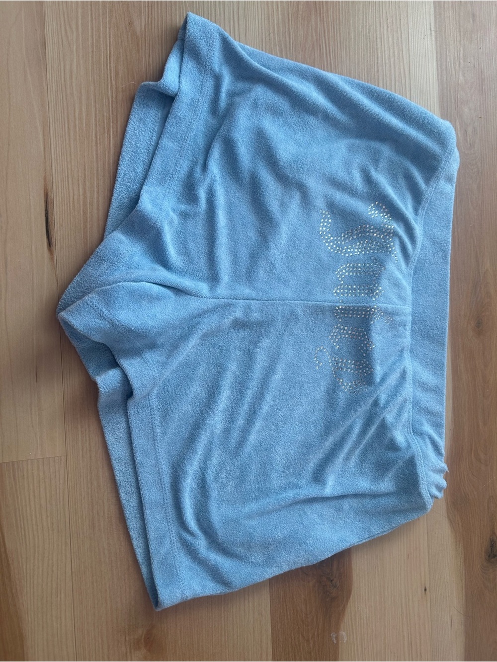 Juicy Couture Light Blue Terry Lounge Shorts with Rhinestone Script